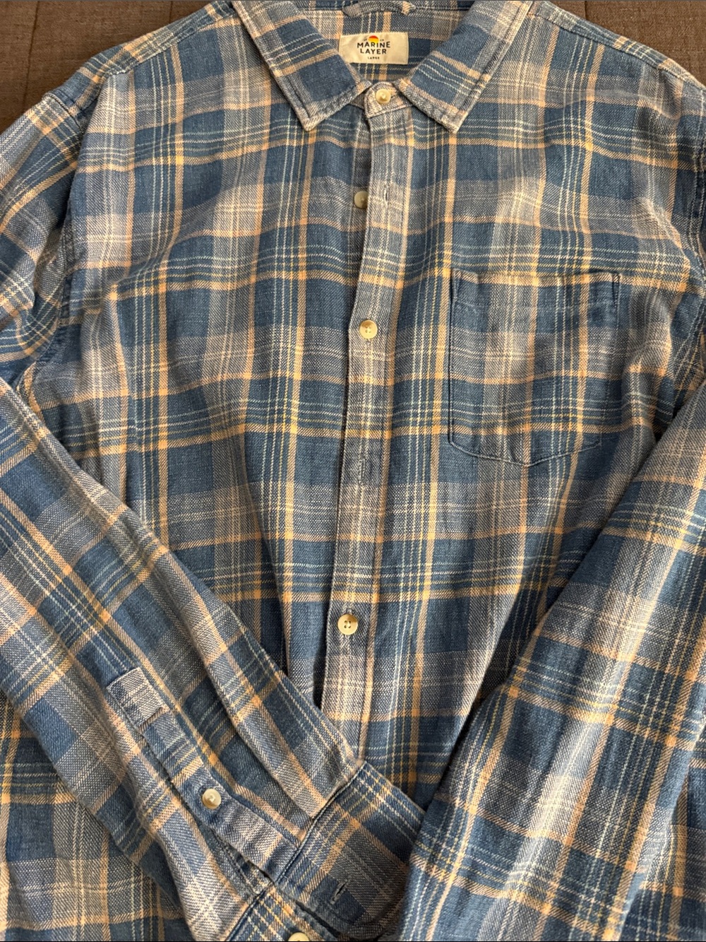 Marine Layer Textured Button Down. Blue and Tan Plaid. Worn Once! Sz Large